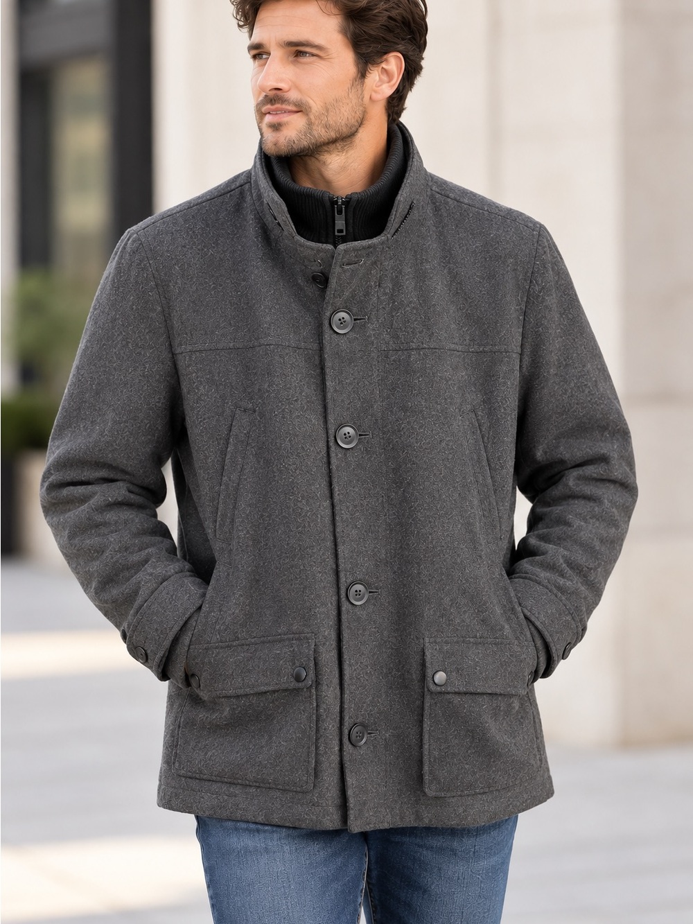 Kenneth Cole New York Men’s L 52% Wool Blend Quilted Coat Charcoal Gray